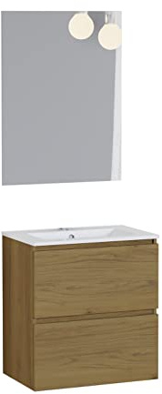 Baikal Conjunto de Mueble de Baño Onyx Fondo 46cm. Mueble De Baño MONTADO 60cm, 2 Cajones, Suspendido En Pared, Acabado en Roble Vinda. con Lavabo Cerámico, y Espejo