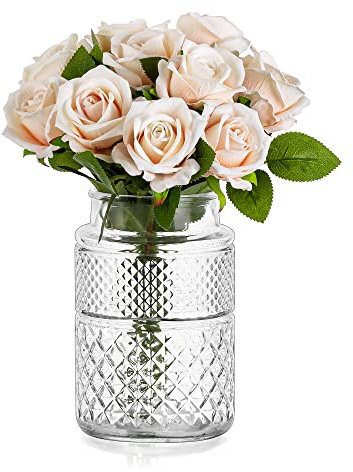 Vintage Crystal Glass Flower Vase, Glasseam 1Pc 20cm Tall Cylinder Large Wide Neck Big Clear Vases for Wedding Dining Table Centrepiece Decoration Living Room Ornaments for Bouquet Artificial Tulip
