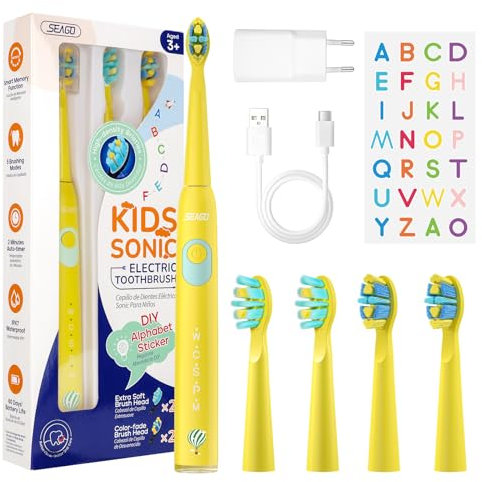 Seago Cepillo Electrico Infantil, Cepillo Dientes Electrico Niños Recargable con Divertidas Pegatinas DIY, 8 Cabezal de Recambio, 5 Modes y Temporizador de 2 minutos, Amarillo