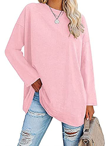 Famulily Damen Herbst Frühling Basic T Shirt Tops Frauen Rundhals Langarm Oversized Tops (XL, Rosa)