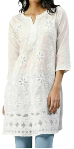 TFGO White Net Embroidery Women's Chikankari Cotton Straight Knee Length Kurta (as8, Alpha, s, Regular, Regular)