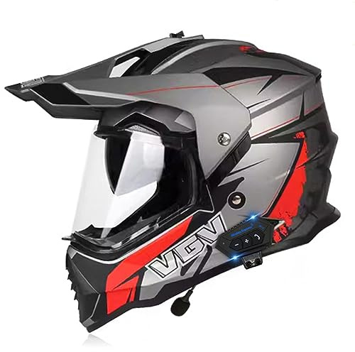 RUANLOV Casco de Motocross, Casco con Bluetooth para Dirt Bike jóvenes y Adultos, Casco de Bicicleta montaña Todoterreno, Casco Integral Modular abatible Doble Visera certificad (D L)