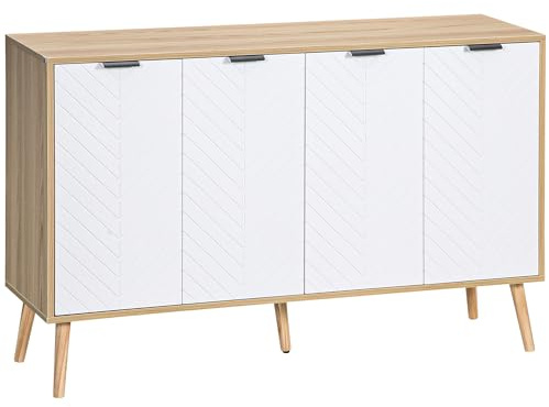 HOMCOM Aparador de 4 Puertas Patas Madera 120x35x77,4 cm Blanco y Natural