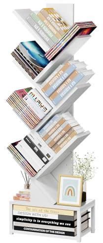 EasyCom Baum-Bücherregal, Metallsockel, 7 Etagen, Bücherregal, Aufbewahrung, bodenstehend, Bücherregal für CDs/Bücher, Bücherregale für Schlafzimmer/Wohnzimmer/Heimbüro, Weiß
