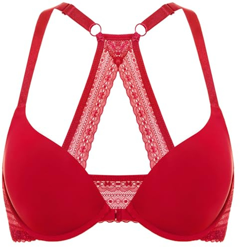 DOBREVA Women's Push Up Bra Front Fastening Bras T Shirt Racer Back Padded Underwired Plunge Bra Lipstick Red 38DD