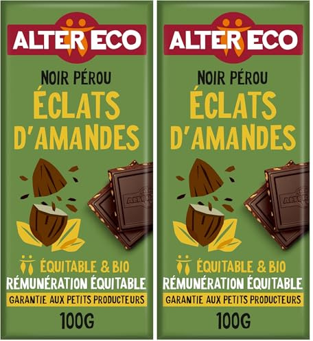 ALTER ECO - Tablette Chocolat Noir aux Éclats d'Amandes - Bio & Équitable - Chocolat Pérou - 100 g