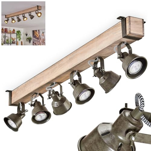 HOFSTEIN Deckenleuchte Pehefito, verstellbare Deckenlampe aus Metall/Holz in Grün-Grau/Natur, Leuchte im Industrial/Retro/Vintage-Design mit Holzbalken, 6 x GU10, Wohnzimmer, Esszimmer, Schlafzimmer