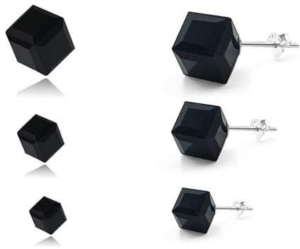 Hmzidz 3 Paires Clou d'Oreilles en Argent Massif pour Femme Homme,Fantaisie Boucle d'Oreilles Cube Cristal Noir,Tige Clous Boucles d'Oreilles en Noire,Piercing Bijoux d'Oreilles Puce Filles
