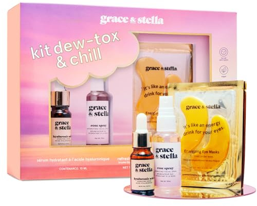 grace & stella Set Mujer Regalo de San Valentín Dew-Tox & Chill - Con Parches Ojos Dorados, Sérum Facial de Ácido Hialurónico y Agua de Rosas, Estuche para Mamá, Despedidas de Soltera, Adolescentes