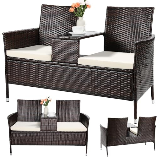TLSUNNY Wetterfest Polyrattan Gartenbank, 2-Sitzer Gartenmöbel Set mit Integriertem Tisch, 2PCS Sitzkissen, Rattan Balkonmöbel, Bequem und Atmungsaktiv, 120X54X83cm, Groß Balkonmöbel Set, Braun