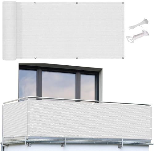 Balkon Sichtschutz Balkonumspannungen 110 x 220 cm Blickdichte Windschutz Privatsphäre Balkonverkleidung Balkonbespannung mit Kabelbinder Ohne Bohren für Balkon Garten, Weiß