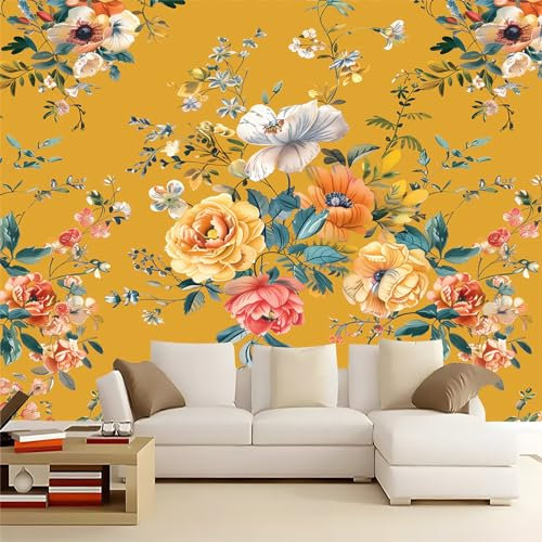Papier Peint Intissé 400 x 280 cm Jaune moutarde Déco Murale Maison Chambre Salon, Photo Murale Décorative Fleurs Vintage Aquarelle - Pour Jeunesse Enfants