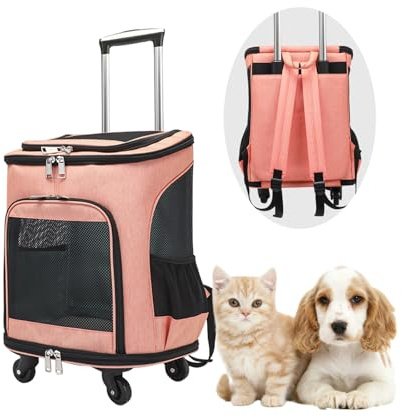 Hunderucksack mit Trolley,Katzenrucksack Trolley Hund Katze bis 10kg Leichte Hundewagen Transportbox für Welpen Haustiere (Orange)