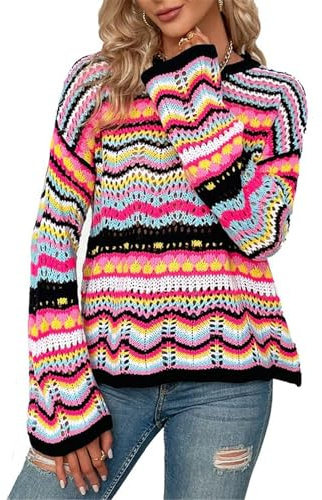 Suéter de punto colorido para mujer, suéter de punto de ganchillo, camisas sueltas de retazos, suéteres coloridos para mujer, Negro, M