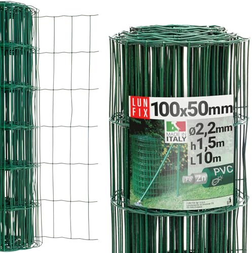 Maschendrahtzaun 100 x 50 mm Ø 2.2 mm 150 cm x 10 m verzinkter Stahl Grün | PVC-beschichtet, Gartenzaun Hundezaun Wildzaun Hühnerzaun Drahtgitter Zaun Schweißgitter