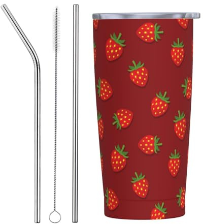 VOSERY Botella de agua de 20 onzas con tapa y popote, bonito vaso aislado de fresa roja, vasos de acero inoxidable, taza de café de viaje, vaso personalizado