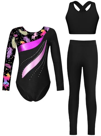iiniim Kinder Mädchen Turnanzug Gymnastikanzug mit Hose + Sport BH Tops Aufdruck Ballettanzug Gymnastik Leotard Trikotanzug Wettbewerb Tanzkostüm A Schwarz 134-140