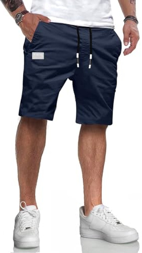 LIUPMWE Kurze Hosen Herren Baumwolle Cargo Shorts Sommer Freizeithose Kurze Elastische Taille Chino Shorts Mit Taschen,M,Blau