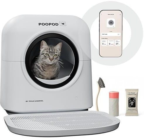 Lettiera per gatti autopulente – Poopod by Philip & Marcel – Cassettiera automatica per lettiera con APP iOS/Android – Tecnologia UV senza odore – Sensore di sicurezza – Tappeto, Spazzola, Deodorante
