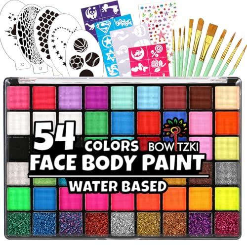 Bowitzki Face Paint Kit with 54 Colors, 8 sheets Stencils, 2 Glitters,10 Brushes, 1 Sheet Gems, Water Based Face Painting Kit, Safe Professional Halloween Party Makeup Set