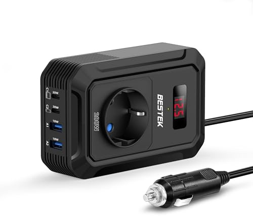 BESTEK 200W Spannungswandler 12 V auf 240 V 230 V AC Auto-Wechselrichter,3-pin Steckdosen,2PD 30W und 2 QC18W Anschlüsse Anschlüssen Zigarettenanzünderstecker,von Laptops, iPhones,und mehr,Schwarz