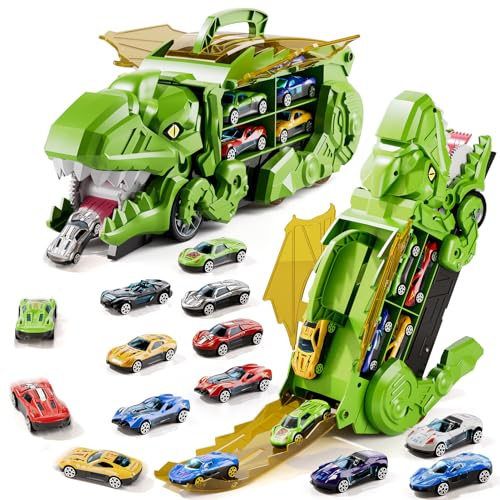 Dinosaur Toys for 3 4 5 6 Years Old Boys, Carrier Transporter Truck Toys, Foldable Race Track with 10 Die-Cast Cars, Transforms into Dino, Toddler Car Chrimas Birthday Gifts for Kids Age 3-6 (Green)