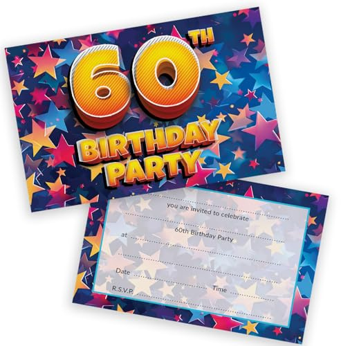 Party-Einladungen zum 60. Geburtstag, für Männer und Frauen, Feiersterne, 20 Stück, für Erwachsene, Geburtstagseinladungen für Freunde, Familie, A6, Partyeinladungen, Einladungskarten mit