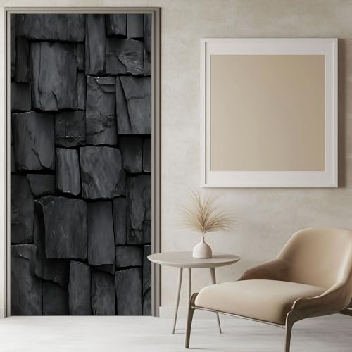 Puerta Mural 3D Textura de pared de piedra 95x215 cm Gris oscuro Autoadhesivo Dormitorio Sala De Estar Baño Cocina, Calcomanía Arte Pegatina Puerta Película Cartel Impermeable