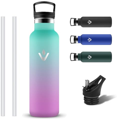 Grsta Botella Agua Acero Inoxidable, Botella Termica 750ml con 2 Tapones, Reutilizable Cantimplora Termica con Pajita y Filtro, Prueba de Fugas Termo sin BPA para Exterior, Cámping, Senderismo