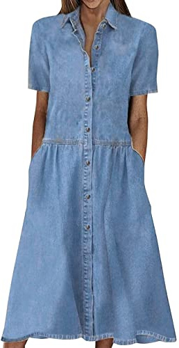 Robe Jean Femme Manches Courtes, Robe Mi Longue Femme Col Revers avec Boutonnés Poches Polyvalent Jeans Dress Chic Et éLégant DéContracté Printemps Et été pour Plage Voyage Vacances Fête Quotidien