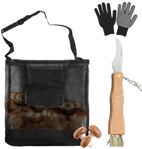 GOMETY Black Mushroom Foraging Belt Bag with Mushroom Knife, Large Stainless Steel Mushroom Knife, Nylon Work Gloves Black with Knife Holder & Shoulder Strap for Forest & Garden