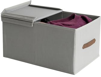 hausleben Faltbox mit Deckel 50x33x24cm – Aufbewahrungsbox Stoff Creme/Nature – Faltbar & Stabil – Ordnungsbox mit Griff – Stoffbox für Kleidung, Spielzeug, Haushalt – Leinenoptik