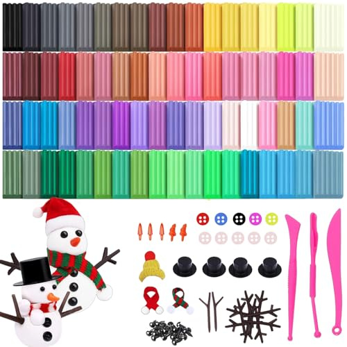KUBDPQOR Modelliermasse Lufttrocknend Ton, Air Dry Clay Set 72 Farben – Weihnachtsknete DIY Schneemann Bastelset mit Zubehör – Kreative Modelliermasse für Erwachsene & Bastelbegeisterte