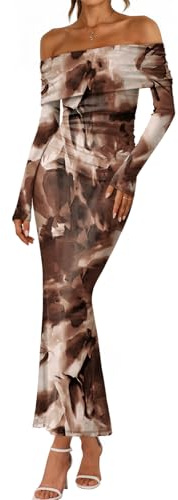 LILLUSORY Wedding Guest Off The Shoulder Holiday Dresses for Women 2026 Spring Fall Winter Bodycon Floral Long Sleeve Maxi Cocktail Going Out Party Formal Dresses Coffee S