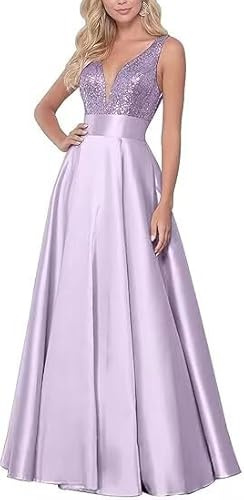V-Ausschnitt Abendkleider Elegant für Hochzeit A Line Pailletten Satin Lang Brautjungfernkleider mit Schlitz