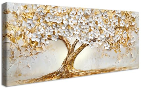 Stampa su tela Con Cornice Albero della Vita Morden Pittura Albero Dorato Fiori Bianchi in Fiore Quadri su tela Quadri Moderni Quadretti Stampa da Parete Soggiorno Camera da Letto Hotel 50x120cm