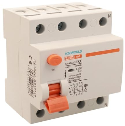 Interruttore Differenziale Puro, Salvavita Trifase Tipo A 40A, RCCB 3P+N 10kA 30mA 380V, 4 Moduli DIN, Serie PR8HM Elettromagnetica, Certificato IEC61008-1