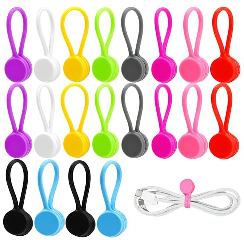 Silicone Magnetic Reusable Cable Ties 20-Pack, Used for Cable Management, Categorization, Bookmark Attachment, and Refrigerator Magnets. Made of Durable Silicone, for Schools, Offices, and Homes.