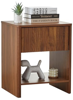 GuannCraft Table de chevet moderne en bois avec plateau de table ondulé - Table de chevet avec un tiroir - Design minimaliste peu encombrant pour chambre à coucher (couleur bois de noyer)