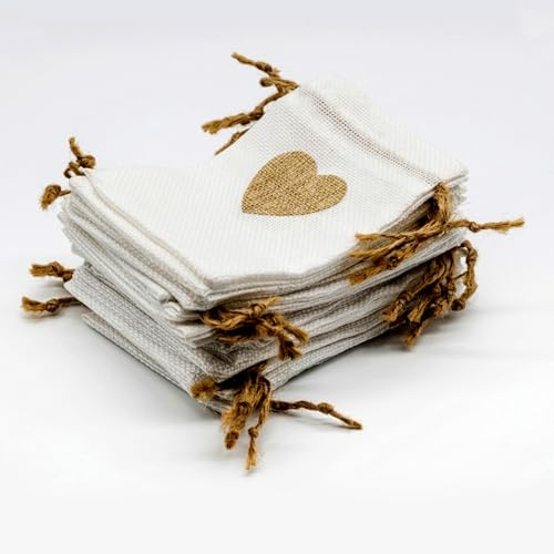 Leylve 24 Pezzi Sacchetti di Iuta Bianchi 10x15cm | con Decorazione a Cuore e Cordino | Piccoli Sacchetti in Tessuto da Riempire | Per Bomboniere Matrimonio, Calendario dell'Avvento e Piccoli Regali