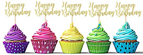 Sumerk 24PCS Happy Birthday Cupcake Toppers Gold Glitter Birthday Cake Picks Party Supplies
