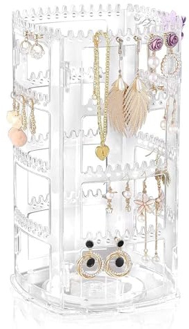 Drehbarer Schmuck-Organizer Schmuckständer Acryl 360°Drehbar Display Ohrringhalter 4 Etagen Schmuckregal Display Klassischer Ständer 160 Löcher und 168 Rillen für Halsketten Ohrringe Piercings Klar