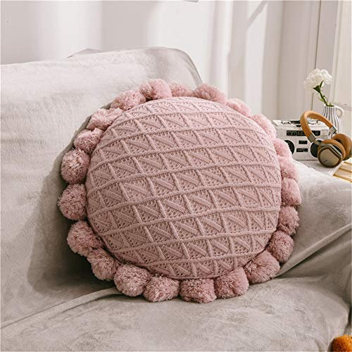 Nicole Knupfer Runde Kissen mit Pompoms, Boho Makramee Kissen Bodenkissen Rund Gewebte Dekokissen, Dekor Sitzhocker Sitzkissen für Zuhause Sofa (Pink)