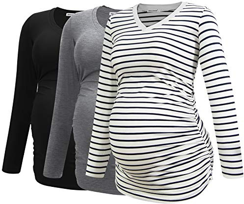 Smallshow Damen V-Ausschnitt Umstandsshirt Kleidung Langarm Geraffte Schwangerschaft Top, Schwarz-Hellgrau-weiße Streifen (3er-Pack), Mittel