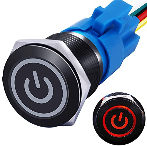 mxuteuk 19mm interruttore a pulsante 1 NO 1 NC SPDT ON/OFF guscio in metallo nero, con luce rossa del simbolo di alimentazione 12v, presa con filo