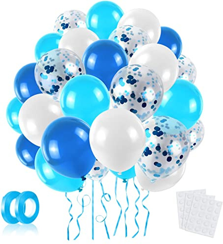 LAPONO Luftballons Blau Weiß 60 Stück, Konfetti Luftballons aus Latex, Ballongirlande Deko Set mit Band und Klebepunkten für Geburtstag, Hochzeit, Babyparty, Taufe, Abschlussfeier, Kindergeburtstag