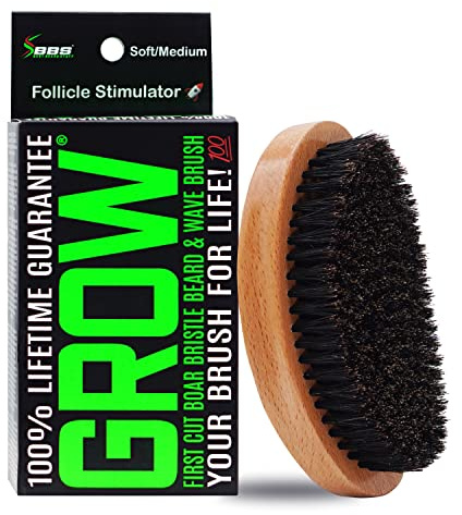 GROW Beard Brush & 360 Wave Brush for Men - Natural Boar Bristle For Fuller, Thicker Hair, Beard & Mustache - Premium Full-Size to Exfoliate, Strengthen Hair, Stimulate & Boost Growth