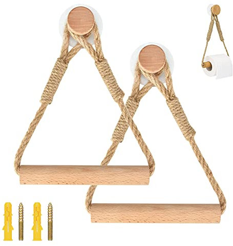 Newaner Portarotolo Porta Carta Igienica da Parete Autoadesivo Bagno Porta carta igienica in Corda di Canapa Vintage Stile Registro con Avvitabili Porta Carta Igienica In Legno Naturale(2pezzi)