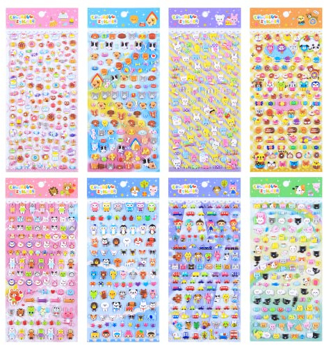 SHANGRLA 870 PCS Cute Mini Puffy Stickers for Kids Girls 3D Small Tiny Kawaii Stickers Including Animals Cat Rabbit Dog Puppy Kitten Bunny Food Donuts Hearts for Adults Phone Case Laptop,8 Sheets
