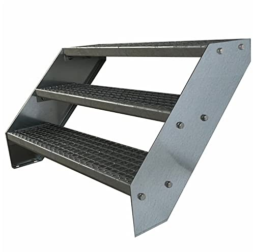 Premium Caillebotis acier Escalier à limon 3 Marches Entièrement galvanisé - Dimensions (L x l x H) 63cm x 140cm x 57cm Résistant aux intempéries et protégé contre la corrosion